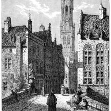 View of Nepomucenus Bridge with the statue of John of Nepomuk and the belfry in the distance