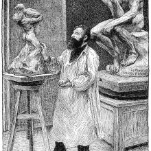 View of Auguste Rodin working in his studio on a clay version of what looks like The Abduction