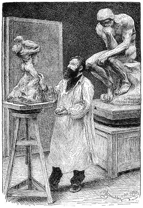 View of Auguste Rodin working in his studio on a clay version of what looks like The Abduction