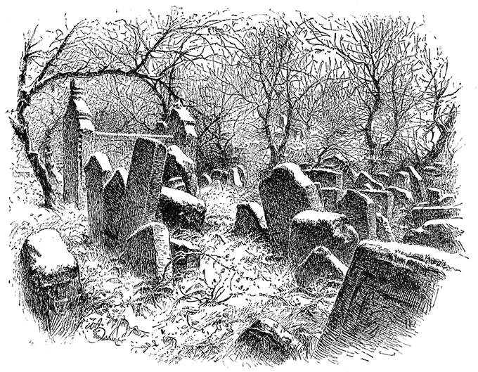 View of a graveyard with leaning headstones randomly arranged and trees in the background