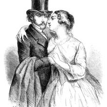 A woman draws close to a man wearing a top hat and puts her arm around his neck