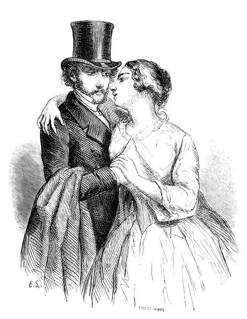 A woman draws close to a man wearing a top hat and puts her arm around his neck