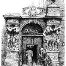 A man walks up to a gate with a portico showing Baroque atlantes as an usher bows to him
