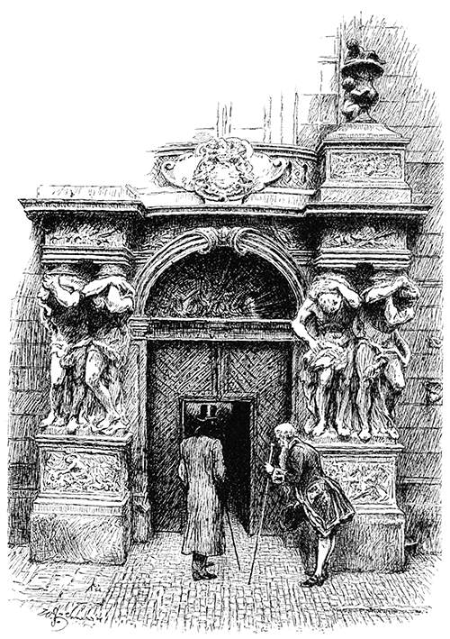 A man walks up to a gate with a portico showing Baroque atlantes as an usher bows to him