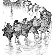 A dressy group of men dances its way arm in arm from the back of the picture to the forefront