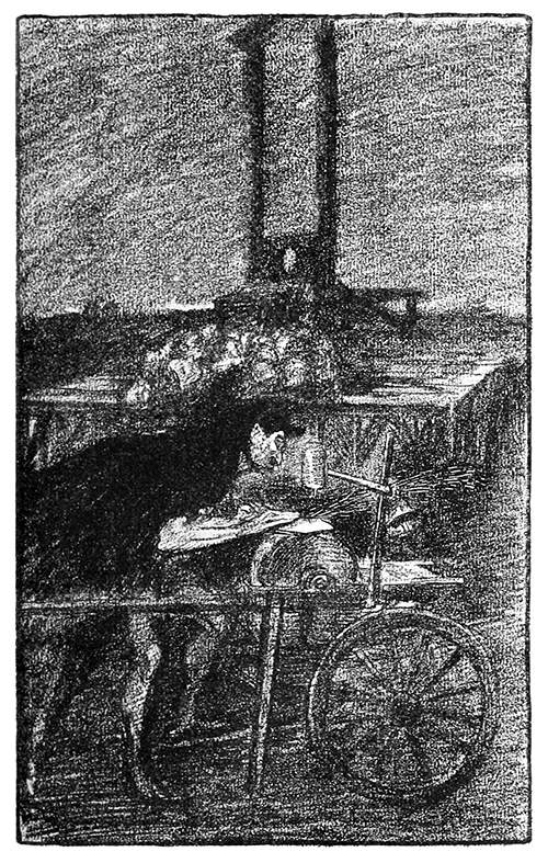 An itinerant grinder is leaning over a grindstone and sharpens a blade at the foot of a guillotine