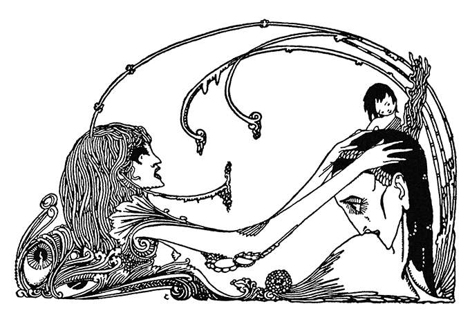 A woman takes the head of another between her hands as a child seems to rise from it