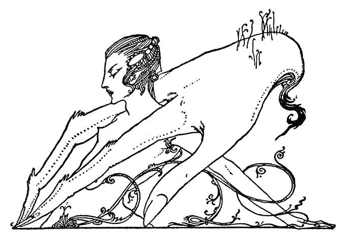 A hand without a body scratches at the ground while enclosing a woman's torso between two fingers