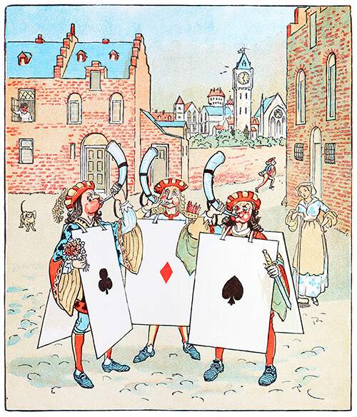 The knave of clubs, diamonds, and spades stand blowing horns on the town square