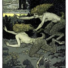 Two satyresses are gamboling on a grassy pond bank among wild flowers and shrubs