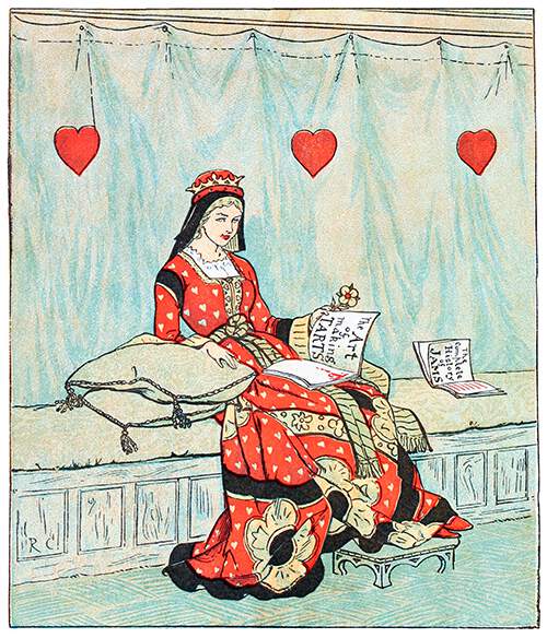 The Queen of Hearts is sitting on a bench leafing through a book titled The Art of Making Tarts