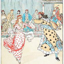 The Queen of Hearts and the King of Clubs dance together in front of other queens and kings