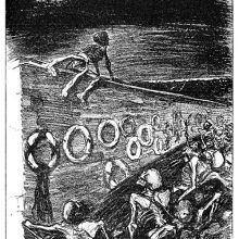 A skeleton is straddling the wall of a cemetery as a crowd of more skeletons rises from the grave