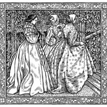 Three women walk up the path of a luxuriant garden and reach a flight of stairs