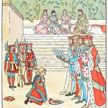 The Knave of Hearts repents on his knees before the four kings holding their swords