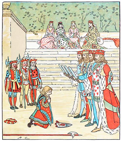 The Knave of Hearts repents on his knees before the four kings holding their swords
