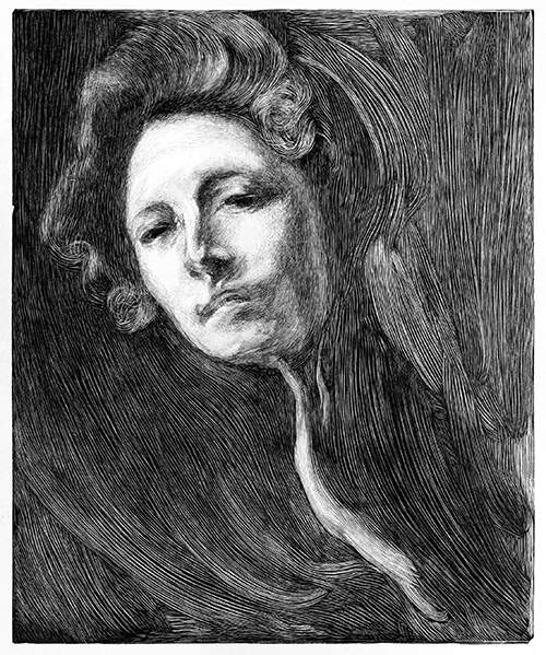 Portrait of a woman seen slightly from below with an inscrutable expression on her face