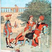 The Queen and King of Hearts hold hands on a garden bench as the Knave of Hearts brings them drinks