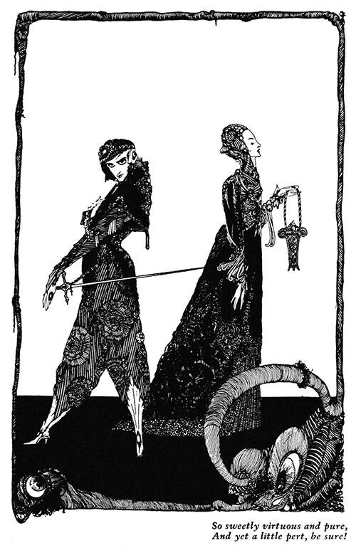 A man with a sword and a woman carrying a basket are seen facing opposite directions