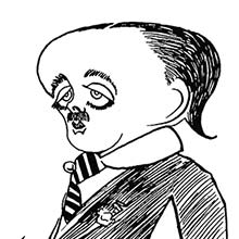 Full-length caricature portrait of Max Beerbohm seen from a three-quarter angle