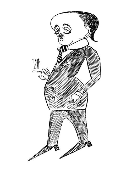 Full-length caricature portrait of Max Beerbohm seen from a three-quarter angle