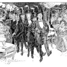 A group of tipsy men walks in a single line between tables with lighted candles on their top hats