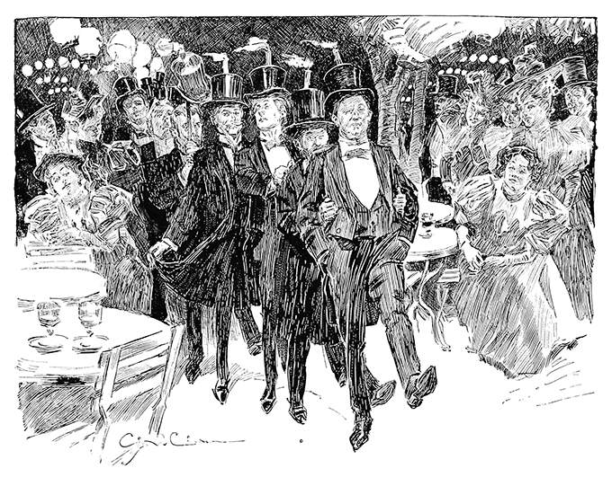 A group of tipsy men walks in a single line between tables with lighted candles on their top hats