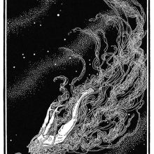 A male figure is flying through the cosmos, his long hair and beard forming like a train