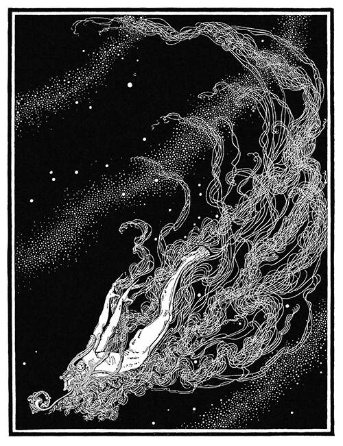A male figure is flying through the cosmos, his long hair and beard forming like a train