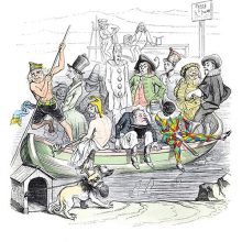 A boat poled by a bare-chested man is about to reach a bank guarded by a three-headed dog
