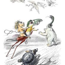 Imaginary creatures such as a tortoise with a dog head are chasing a motley flock of flying animals