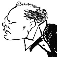 caricature portrait of Winston Churchill seen from the side leaning on a piece of furniture