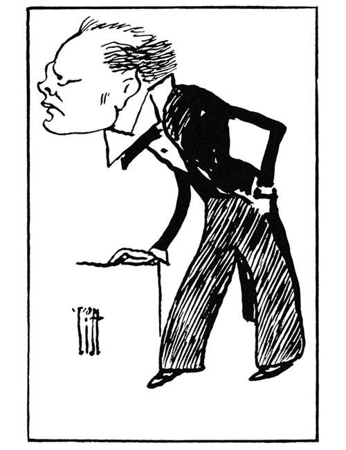 caricature portrait of Winston Churchill seen from the side leaning on a piece of furniture