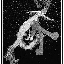 A female creature wearing an elaborate feathered hat is seen floating in the starry sky
