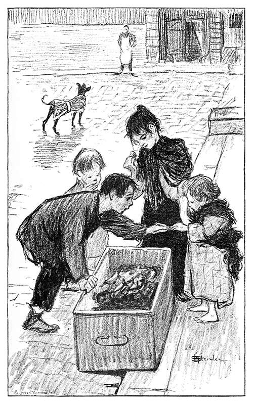 A boy hands other children some dandelions out of a large box