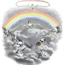 Several women are seen unfolding a rainbow fan in the sky, revealing the figure of Iris on a cloud
