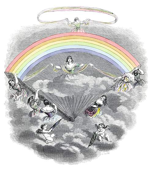 Several women are seen unfolding a rainbow fan in the sky, revealing the figure of Iris on a cloud