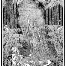 A man wearing a turban is sitting by a pond and watches a fountain turn into a woman