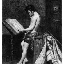 A youth in a loincloth reads a manuscript placed on a lectern ac a painter works in the background