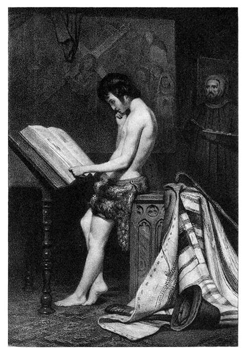 A youth in a loincloth reads a manuscript placed on a lectern ac a painter works in the background