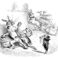 A hare wearing a lioness mask attacks a fleeing lioness with a hare mask