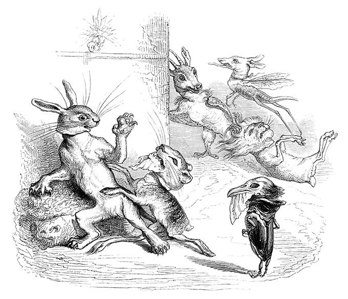 A hare wearing a lioness mask attacks a fleeing lioness with a hare mask