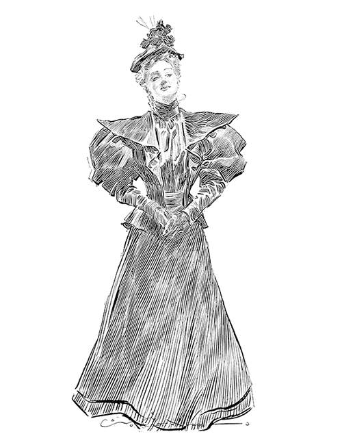 A woman in a dress suitable for the racecourse stands with a faint smile on her face