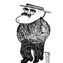 Full-length caricature portrait of Rudyard Kipling seen from a three-quarter angle