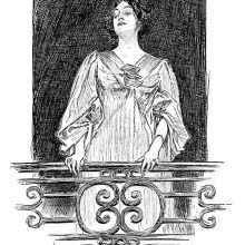 A woman with a faint, enigmatic smile is seen from below standing on her balcony