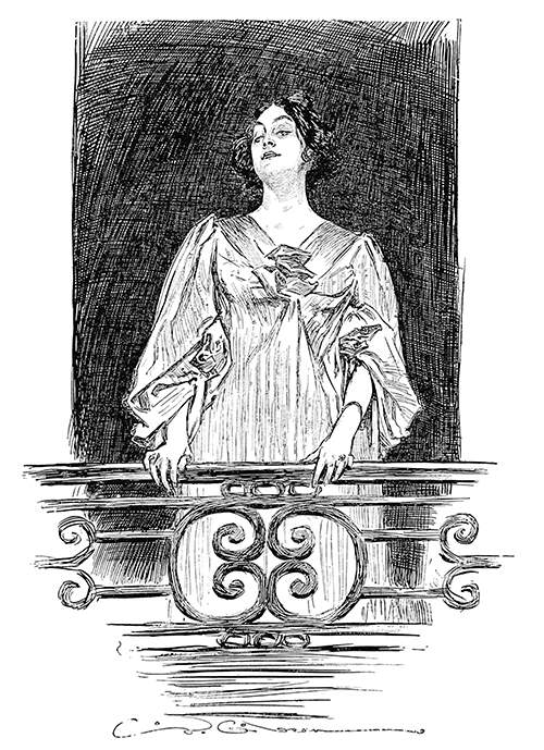 A woman with a faint, enigmatic smile is seen from below standing on her balcony