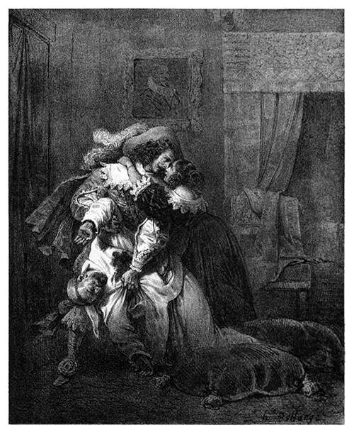 A distraught woman in clasps her arms around the neck of a man holding back a dead body