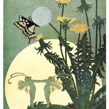 Two insect-like fairies dance holding hands in the moonlight on the leave of blooming dandelion