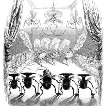 Three crabs are dancing at the back of a stage as beetles with hammers stand in the foreground