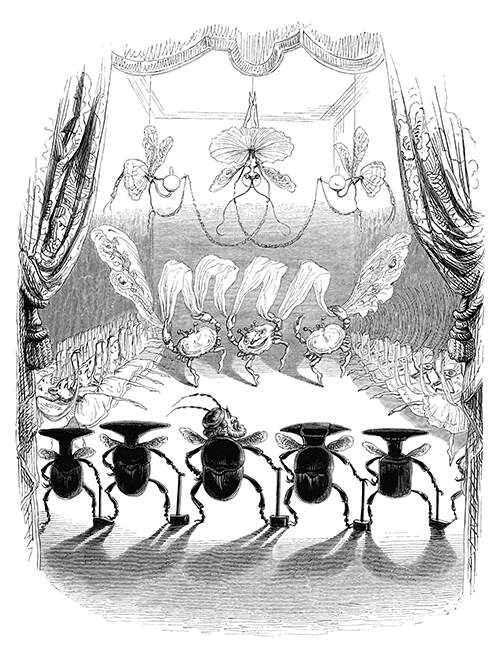 Three crabs are dancing at the back of a stage as beetles with hammers stand in the foreground